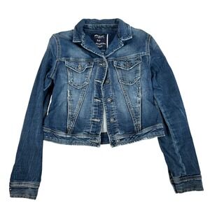 Silver Jeans Co Womens Denim Trucker Jacket Blue Dark Wash Small Petite